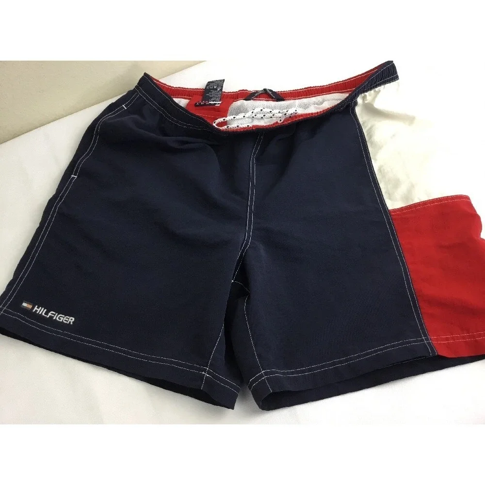 Tommy Hilfiger Swim Trunks Shorts Mens L Flag Spell Out Colorblock‎ 90s Vintage